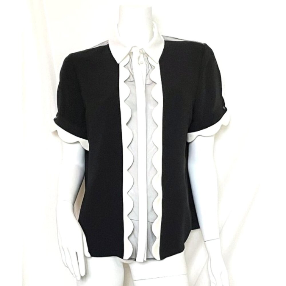 Anne Fontaine Scalloped Edge Blouse Sheer Panels Sz 44 10 Black White $425
